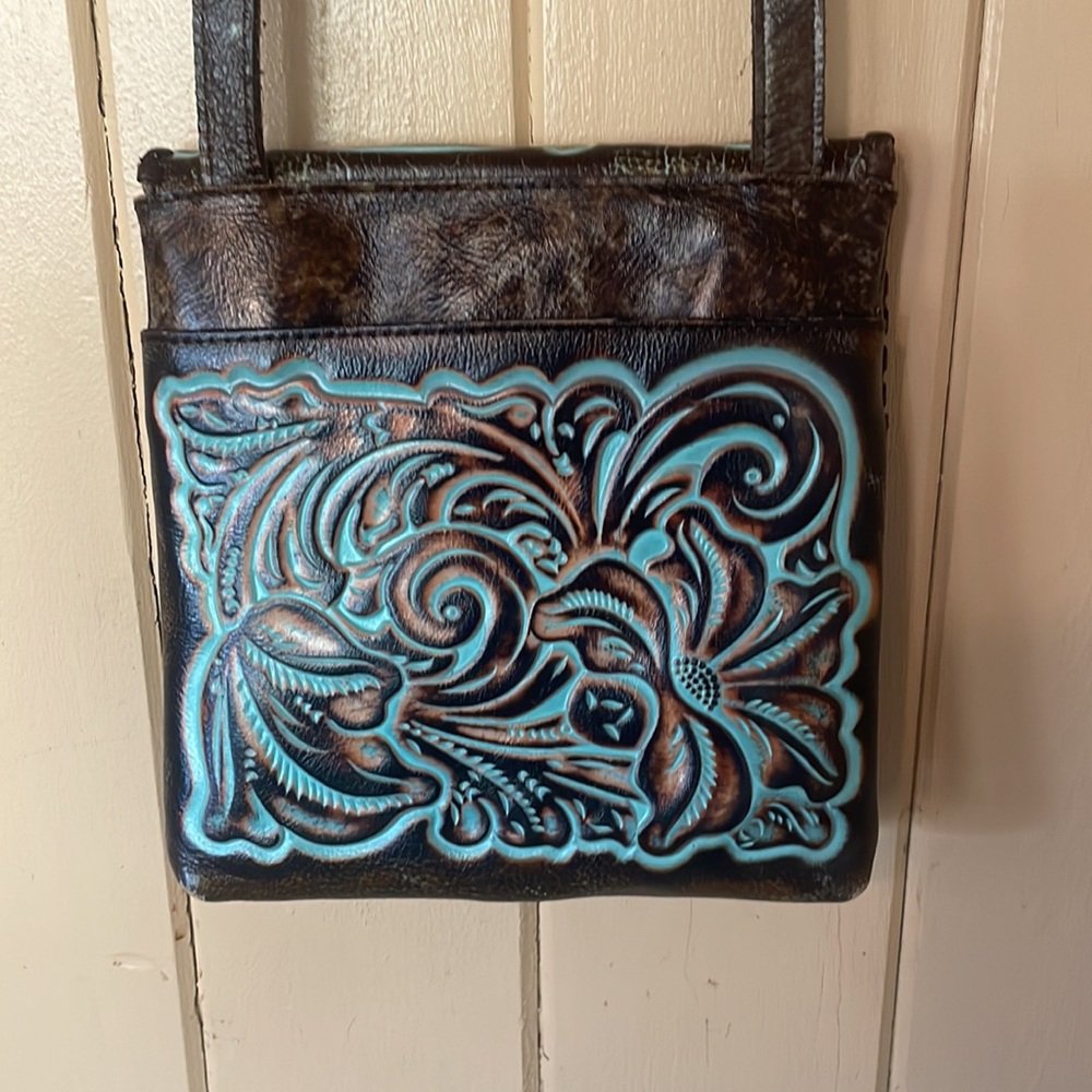 Patricia Nash Granada Tooled Leather Crossbody Antique Brown Turquoise - Picture 5 of 8